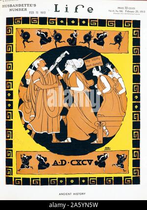 Nous voulons que nos droits ! 1913. Couverture de magazine montrant une Susan B. Anthony-comme la figure dans des tenues très classiques d'estoc un parapluie à un homme en toge. Une autre femme est titulaire d'écriteau "Nous voulons nos droits.". Rea Irvin Banque D'Images