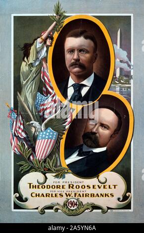Pour le président Theodore Roosevelt 1904. Vignette de candidats (Theodore Roosevelt, Vice-Président Charles W. Fairbanks). Banque D'Images