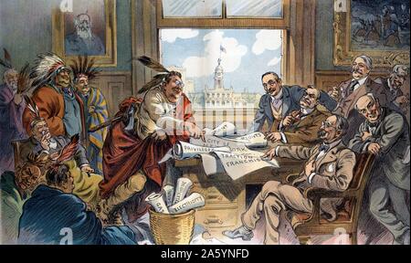 La vente de Manhattan (prix non indiqué) - un rendement continu par Udo Keppler, 1872-1956, l'artiste. Publié dans la rondelle, 1909. L'illustration montre une version moderne de la vente de l'île de Manhattan entre les législateurs non identifiés déguisés en autochtones et à New York, parmi quelques visages familiers sont James S. Schoolcraft représentant les Autochtones et se cache dans l'arrière-plan d'affaires est John D. Rockefeller. Banque D'Images