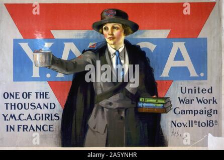 L'un des milliers de filles en France. Par l'affiche de la campagne Le travail de guerre Novembre 1918. Neysa McMein : artiste, une affiche montrant une femme dans un uniforme de Y.M.C.A. offrant une tasse fumante de café et des livres ; grand triangle rouge est derrière elle. Banque D'Images