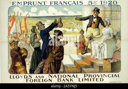 Emprunt Français 5 pour cent 1920 - Lloyds et National Provincial Foreign Bank Limited par Lucien Jonas1880-1947, artiste Publié 1920. L'Oncle Sam et des envoyés de différentes nations qui font leurs contributions à Marianne pour la reconstruction de la France. 5  % Emprunt à l'anglais 1920 Lloyds et National Provincial Foreign Bank Limited. Banque D'Images