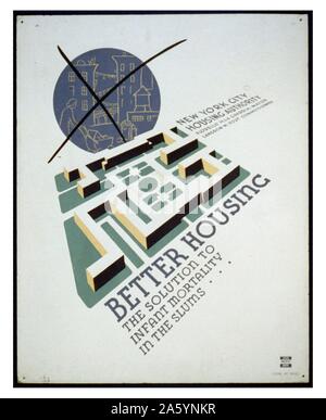 L'amélioration du logement La solution à la mortalité infantile dans les bidonvilles. Poster par Anthony Velonis pour le projet d'art fédéral [entre 1936 et 1938]. Favoriser une amélioration des conditions de logement de l'affiche comme une solution pour des taux élevés de mortalité infantile dans les bidonvilles, montrant un projet d'habitation et à l'arrière-plan une vue télescopique barrée de logements locatifs. Banque D'Images