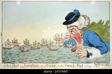 John Bull, le léviathan de l'océan ; ou, la flotte française de la voile dans la bouche du Nil ! 1798. gravure, avec l'aquarelle. Caricature montrant John Bull mangent des navires à voile, une satire sur la défaite française lors de la guerre de la deuxième Coalition, peut-être fait référence à la bataille du Nil. Banque D'Images