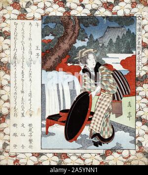 Uma oji (Traduction : année du cheval : Oji.) Japonais imprimer par Gogaku Yajima, active du 19e siècle, artiste japonais. créé entre 1818 et 1830. Imprimer montre une femme, portrait en pied, debout sous un arbre, portant des kimono et geta, tenant un grand bac ou couvrir, grand pot ou débordant de citerne à côté de l'arbre ; page à motifs de fleurs. Banque D'Images