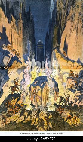 Une boule de neige en enfer ; quelle chance a-t-il ? Par Udo Keppler, 1872-1956, l'artiste. publié 1913 . L'illustration montre l'enfer marqués 'Wall Street', où une énorme boule en forme de tête humaine, appelée "Public", des gouttes d'argent, se fond au milieu des flammes et de la vapeur marqués 'Mmanipulation, de faux conseils, piscine, coin'. Beaucoup de démons prod la boule avec de longues fourches et recueillir de l'argent dans des seaux. Banque D'Images