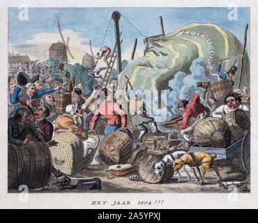 Prévisions cartoon néerlandais événements aéronautiques pour l'année 1804 en montrant une scène à un défaut d'ascension en montgolfière, dans l'intérêt de l'enquête scientifique, peut-être en 'Wille van de Heeren Hopman et Loude.' Les hommes luttent pour gonfler le ballon, marqués 'Lust tot Onderzoek,' comme main-d'apporter des fournitures nécessaires à la zone de chargement et deux projets de chiens-déformation à un wagon transportant "vitriol" et "pykers.' soldats armés d'épées retenir la foule de spectateurs. Banque D'Images