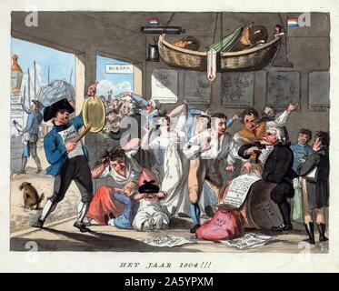 Prévisions cartoon néerlandais événements aéronautiques pour l'année 1804 en montrant une scène à un défaut d'ascension en montgolfière, dans l'intérêt de l'enquête scientifique, peut-être en 'Wille van de Heeren Hopman et Loude.' Les hommes luttent pour gonfler le ballon, marqués 'Lust tot Onderzoek,' comme main-d'apporter des fournitures nécessaires à la zone de chargement et deux projets de chiens-déformation à un wagon transportant "vitriol" et "pykers.' soldats armés d'épées retenir la foule de spectateurs. Banque D'Images
