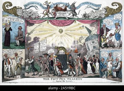 La tragédie du cowpox - la dernière scène par l'artiste George Cruikshank (1792 à 1878). Procession funéraire montrant coffin marqués 'Vaccination âgés de 12 ans sur lequel se dresse un veau d'or ; quatre vignettes, deux de chaque côté, présente des scènes réalistes liés à la variole de la vache. À la mémoire de vaccination qui est mort le premier avril ! Banque D'Images