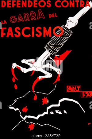 Guerre civile espagnole ; CNT et FAI poster appelant à la défense de l'Espagne de la griffe du fascisme. Banque D'Images