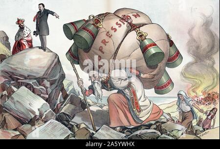 Arrêter votre oppression cruelle des Juifs par Emil Flohri, c1904. Imprimer montre un homme âgé portant la mention "Juif Russe transporte une grande oppression marqués 'bundle' sur son dos, suspendu à l'ensemble des poids sont marqués 'autocratie, ' 'Vol, ' 'la cruauté, l'assassinat, ' ' ''Duperie, ' et "meurtre". à l'arrière-plan, sur la droite, une communauté juive Burns, et dans le coin supérieur gauche, Theodore Roosevelt s'adresse à l'empereur de Russie, Nicolas II, "Maintenant que vous avez la paix sans, pourquoi ne pas déposer son fardeau et avoir la paix à l'intérieur de vos frontières ?' Banque D'Images