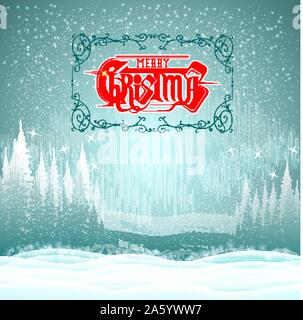 Fond de paysage d'hiver forêt enneigée avec lettrage joyeux noël Illustration de Vecteur