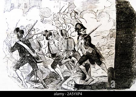 Le Dos de Mayo de 1808, fut une rébellion de la population de Madrid contre l'occupation de la ville par les troupes françaises, déclenchant la Guerre Péninsulaire. L'étincelle qui a provoqué la rébellion fut le mouvement par le maréchal français dans le commandement de Madrid, Joachim Murat, d'envoyer la fille de Charles IV et de l'Infant Francisco de Paula à la ville de Bayonne. Le 2 mai, une foule a commencé à se rassembler devant le Palais Royal de Madrid. Ceux qui sont réunis dans le palais pour tenter d'empêcher l'enlèvement de Francisco de Paula. Banque D'Images