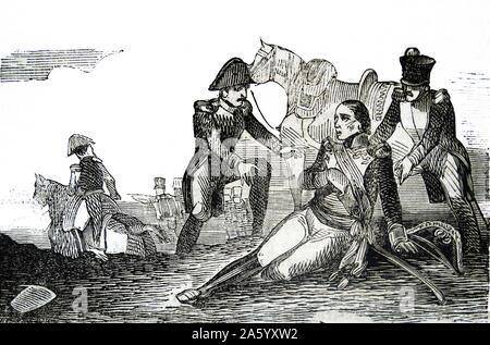 Gravure illustrant la bataille de La Corogne, a eu lieu le 16 janvier 1809, lorsqu'un corps français sous le maréchal de l'Empire Nicolas Jean de Dieu Soult a attaqué une armée britannique sous le Lieutenant-général Sir John Moore. La bataille a eu lieu au milieu de la Guerre Péninsulaire. Banque D'Images