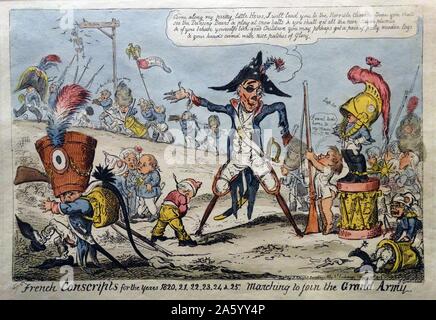 La gravure à la main, intitulé "conscrits français pour les années 1820, 21, 22, 23, 24 & 25' par George Cruikshank (1792 à 1878) British caricaturiste et illustrateur de livres. Datée 1813 Banque D'Images