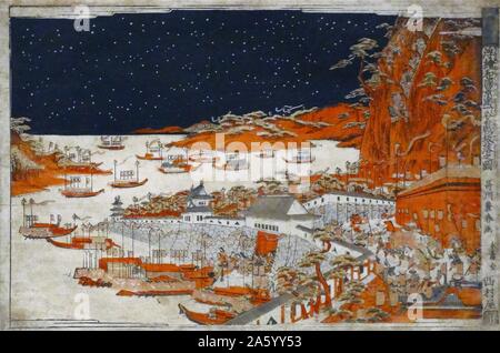 Estampe couleur intitulé 'Décroissant la falaise à la bataille de Ichinotani' par Utagawa Toyoharu (1735-1814) artiste japonais dans l'ukiyo-e genre, connu comme le fondateur de l'école Utagawa et pour son uki-e photos. Datée 1780 Banque D'Images