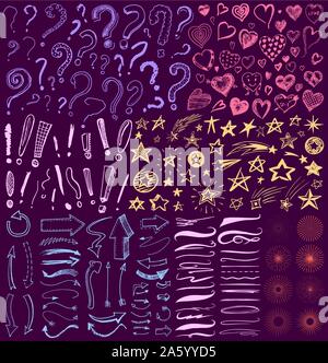 Question d'exclamation, le soulignement et les cœurs, étoiles et Marqueur Pinceau, lignes et traits artistiques. Collection d'icônes et les signes pourquoi. Hand drawn Illustration de Vecteur
