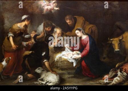 La peinture intitulée 'L'Adoration des bergers" par Bartolomé Esteban Murillo (1618-1682), peintre baroque espagnol. En date du 17e siècle Banque D'Images