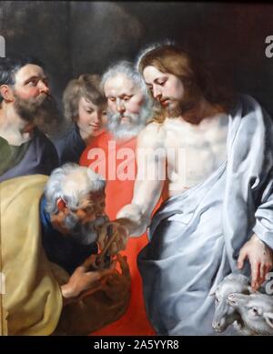 La peinture intitulée 'Charge du Christ à Pierre" de Peter Paul Rubens (1577-1640), peintre baroque flamand. En date du 17e siècle Banque D'Images