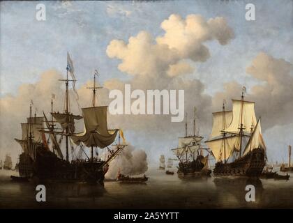 La peinture intitulée 'Un homme de guerre' salut par Willem van de Velde le jeune (1633-1707) peintre de Marine néerlandais. En date du 17e siècle Banque D'Images