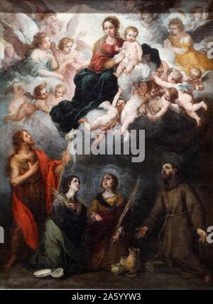 La peinture intitulée 'La Vierge en gloire avec les Saints adorant' par Bartolomé Esteban Murillo (1618-1682), peintre baroque espagnol. En date du 17e siècle Banque D'Images