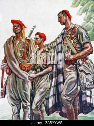 Illustration par Carlos Saenz de Tejada représentant trois générations de combattants nationalistes carlistes pendant la guerre civile espagnole. Datée 1936 Banque D'Images