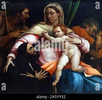 La peinture intitulée "La Madone et l'enfant avec les Saints et un donateur' par Sebastiano del Piombo (1485-1547) peintre italien de la Haute Renaissance et le début des périodes maniériste célèbre pour sa combinaison des couleurs de l'école vénitienne et le monumental formes de l'école romaine. Datée 1517 Banque D'Images