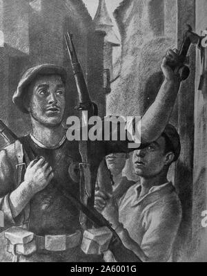 Illustration montrant des soldats de la propagande communiste, la réalisation d'une maison en maison, recherche de supports, nationalistes pendant la guerre civile espagnole. Datée 1937 Banque D'Images