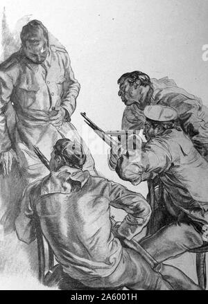 Illustration de propagande par Carlos Saenz de Tejada représentant un officier de marine d'être abattu par des mutins Républicain, pendant la guerre civile espagnole. Datée 1938 Banque D'Images