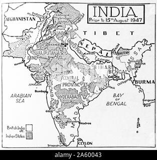 Carte illustrant l'Inde avant le 15 août 1947 mettant en évidence les zones de l'Inde britannique et États de l'Inde Banque D'Images