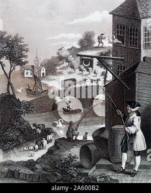 La satire de fausse Perspective est le titre d'une gravure produit par William Hogarth en 1754 pour son ami Joshua Kirby's brochure sur la perspective linéaire. Hogarth (1697 - 1764). Anglais, peintre, graveur, image satirique. Banque D'Images