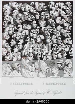 Caractères et Caricaturas par William Hogarth (1697 - 1764). Anglais, peintre, graveur, image satirique. Caractères et Caricaturas est une gravure de l'artiste anglais William Hogarth, qu'il a produit comme le ticket d'abonnement pour sa série 1743 d'impressions, de mariage à-la-mode, et qui a finalement été publié comme une empreinte dans son propre droit. les chefs de trois chiffres de Raphael's Cartoons sont introduites en vertu de l'article caractère, dans l'opposition à la fantastique des caricatures de Cavalier Chezzi, Annibal Characci, et Leonardo da Vinci Banque D'Images