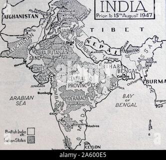 Carte de l'Inde avant la partition de l'Empire des Indes britanniques qui ont conduit à la création de l'Inde et le Pakistan 1947 Banque D'Images