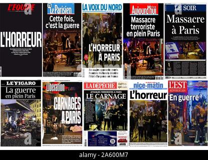 Journal Français couvrant les pages avant novembre 2015 Paris attaques. Le soir du 13 novembre 2015 ; une série d'attentats terroristes coordonnés ; composé d'exécutions massives, le suicide et les attentats ont eu lieu à Paris, France. Au moins 132 victimes sont décédées ; 89 d'entre eux au Bataclan le théâtre. Une nouvelle 352 personnes ont été blessées par les attaques Banque D'Images