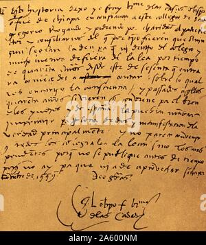 Lettre écrite par Bartolomé de las Casas (ch. 1484 - 1566) ; 16e siècle ; l'historien espagnol réformateur social et frère dominicain. Il est devenu le premier évêque du Chiapas résident ; et le premier officiellement nommé 'protecteur des Indiens'. Banque D'Images