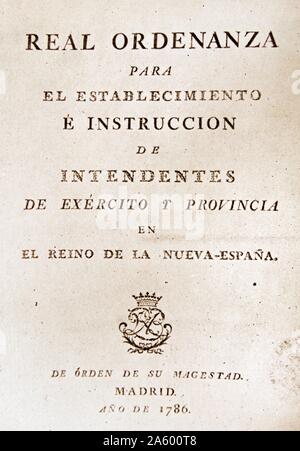 Accueil Tarifs et règlements les réels, l'application de ce qui était très pratique pour la vie économique de l'Espagne et l'Amérique. Datée 1778 Banque D'Images