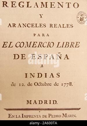 Accueil Tarifs et règlements les réels, l'application de ce qui était très pratique pour la vie économique de l'Espagne et l'Amérique. Datée 1778 Banque D'Images