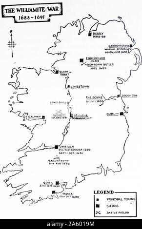 Carte illustrant la guerre Williamite en Irlande (1688-1691). Un conflit entre le Jacobite (partisans du roi catholique anglais Jacques II) et les partisans de l'(au Piémont protestant néerlandais, le Prince William d'Orange) pour savoir qui serait le roi d'Angleterre, l'Ecosse et l'Irlande. Elle est aussi appelée la guerre Jacobite en Irlande Banque D'Images