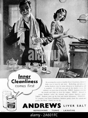 Publicité pour les sels de foie d'Andrews et un laxatif doux antiacide pour des plaintes d'estomac. En date du 20e siècle Banque D'Images