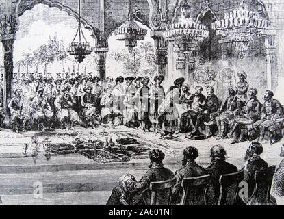 Sir John Lawrence 1811-1879 tient à la cour 1867 durbar à Lucknow, en Inde, au cours de son mandat de vice-roi. 1867 Banque D'Images