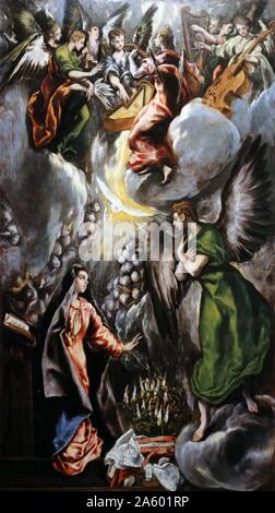 Tableau représentant le 'Annonciation' la fête chrétienne de l'annonce par l'ange Gabriel à la Vierge Marie qu'elle allait concevoir et de devenir la Mère de Jésus, le Fils de Dieu, marquant son Incarnation. Par El Greco Banque D'Images