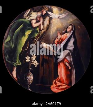 Tableau représentant le 'Annonciation' la fête chrétienne de l'annonce par l'ange Gabriel à la Vierge Marie qu'elle allait concevoir et de devenir la Mère de Jésus, le Fils de Dieu, marquant son Incarnation. Par El Greco Banque D'Images