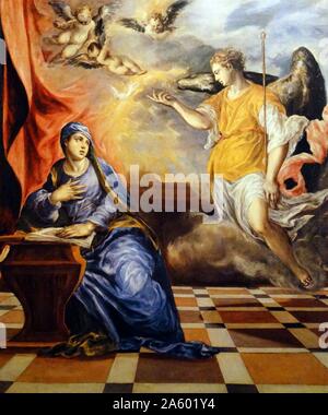Tableau représentant le 'Annonciation' la fête chrétienne de l'annonce par l'ange Gabriel à la Vierge Marie qu'elle allait concevoir et de devenir la Mère de Jésus, le Fils de Dieu, marquant son Incarnation. Par El Greco Banque D'Images