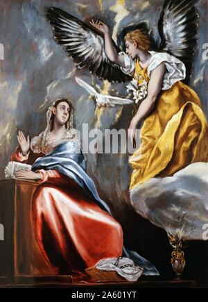 Tableau représentant le 'Annonciation' la fête chrétienne de l'annonce par l'ange Gabriel à la Vierge Marie qu'elle allait concevoir et de devenir la Mère de Jésus, le Fils de Dieu, marquant son Incarnation. Par El Greco Banque D'Images