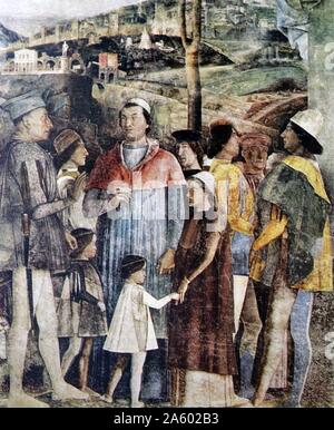 Fresque représentant Lodovico Gonzague en attendant le retour de son fils, le cardinal Francesco Gonzaga, à partir de Rome. Par Andrea Mantegna (1431-1506) un peintre italien, un étudiant de l'archéologie romaine, et gendre de Jacopo Bellini. En date du 15e siècle Banque D'Images