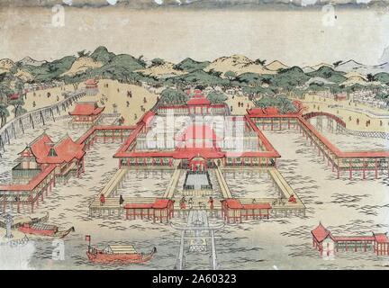 Une perspective photo d'Itsukushima par Utagawa Toyoharu (1735-1814), gravure sur bois en couleur. Sanctuaire d'Itsukushima est un sur l'île sanctuaire Shinto d'Itsukushima de, (populairement connu comme Miyajima), mieux connu pour son torii "flottant". C'est dans la ville de Hatsukaichi dans la préfecture d'Hiroshima au Japon. Banque D'Images