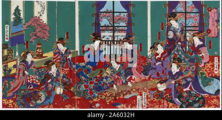 La chambre des Kinpeiro dans nouveau Yoshiwara par Yoshitora Utagawa, active 1850-1870. Gravure sur bois en couleur. Imprimer de plusieurs femmes, dans une grande salle, jouer et un shamisens koto. Banque D'Images