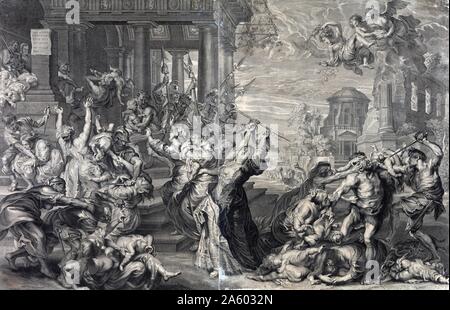 Imprimer montrant le massacre des innocents ordonné par Hérode, à partir d'une perspective du 17ème siècle par Peter Paul Rubens. L'impression, gravure, montre le massacre des innocents ordonné par Hérode, à partir d'un point de vue du 17e siècle. Banque D'Images