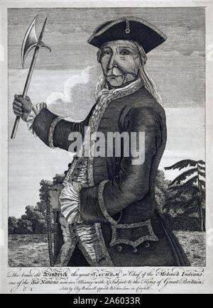 Imprimer de Hendrick, Tiyanoka, également orthographié Theyanoguin ou Tee Yee Neen Ho Ga Row, le grand sachem mohawk, half-length portrait, face vers la gauche, vêtu de l'uniforme militaire de style européen et la tenue d'Hachette dans sa main droite et une ceinture wampum à sa gauche. 'Hendrick' a été l'un des quatre Indiens Mohawks qui ont visité l'Angleterre en 1710 et de nouveau en 1740. Sur sa deuxième visite, il a reçu des vêtements de cour garnie de dentelle d'or. Cette impression peut être basé sur une peinture faite à partir de cette visite. Banque D'Images