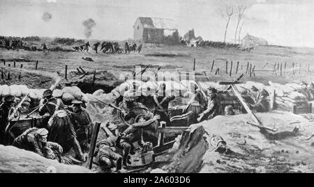 Imprimer illustrant les troupes britanniques dans les tranchées tout en attaqué par les Allemands, dans la ville d'Ypres, Belgique. Datée 1914 Banque D'Images