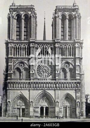 Impression photographique de la cathédrale de Notre-Dame, une cathédrale catholique historique sur la moitié orientale de l'Île de la Cité dans le quatrième arrondissement de Paris, France. En date du 19e siècle Banque D'Images